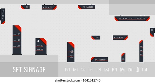 Set Of Signage Vector.Direction,pole, Wall Mount And Traffic Signage System Design Template Set.Exterior And Interior Signage Concept. Office Exterior Monument Sign, Pylon Sign.