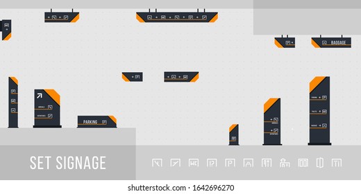 Set Of Signage Vector.Direction,pole, Wall Mount And Traffic Signage System Design Template Set.Exterior And Interior Signage Concept. Office Exterior Monument Sign, Pylon Sign.