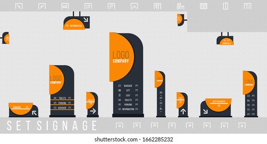 Set signage vector.Direction,pole, wall mount and traffic signage system design template set.Exterior and interior signage concept. Office exterior monument sign, pylon sign, advertising construction.