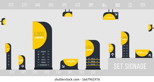 Set of signage vector.Direction,pole, wall mount and traffic signage system design template set.Exterior and interior signage concept. Office exterior monument sign, pylon sign.
