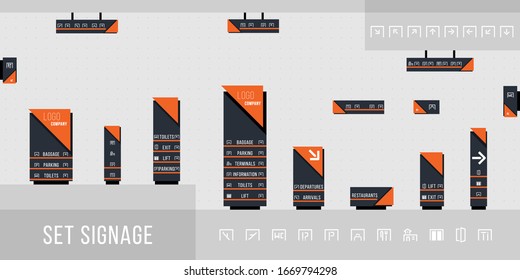 Set of signage vector.Direction,pole, wall mount and traffic signage system design template set.Exterior and interior signage concept. Office exterior monument sign, pylon sign.Vector illustration.