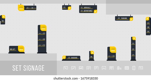 Set of signage vector.Direction,pole, wall mount and traffic signage system design template set.Exterior and interior signage concept. Office exterior monument sign, pylon sign.Vector illustration.