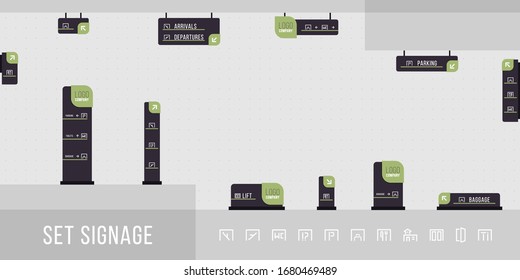 Set of signage vector.Direction,pole, wall mount and traffic signage system design template set.Exterior and interior signage concept. Office exterior monument sign, pylon sign.Vector illustration.