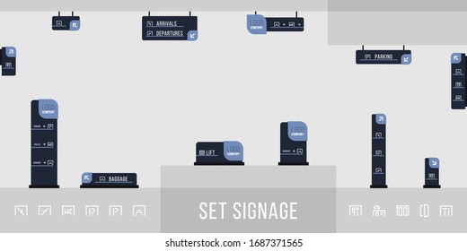 Set of signage vector.Direction,pole, wall mount and traffic signage system design template set.Exterior and interior signage concept. Office exterior monument sign, pylon sign.Vector illustration.