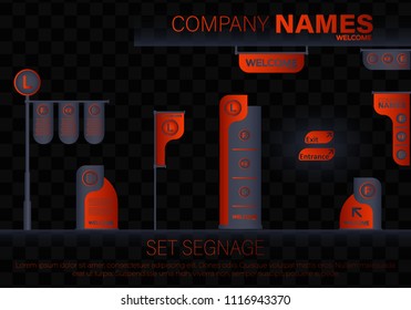 Set signage.Direction,pole, wall mount and traffic signage system design template set.Exterior and interior signage concep.Office exterior monument sign, pylon sign, signage, advertising construction.