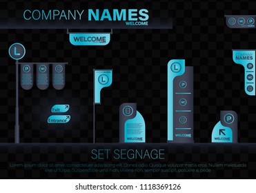 Set signage.Direction,pole, wall mount and traffic signage system design template set.Exterior and interior signage concep.Office exterior monument sign, pylon sign, signage, advertising construction.