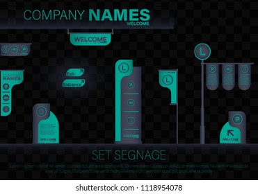 Set Signage.Direction,pole, Wall Mount And Traffic Signage System Design Template Set.Exterior And Interior Signage Concep.Office Exterior Monument Sign, Pylon Sign, Signage, Advertising Construction.