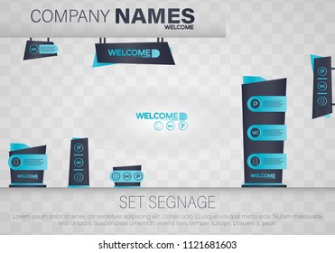 Set signage.Direction,pole, wall mount and traffic signage system design template set.Exterior and interior signage concep. Office exterior monument sign, pylon sign, signage, advertising construction.