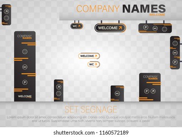 Set Signage.Direction,pole, Wall Mount And Traffic Signage System Design Template Set.Exterior And Interior Signage Concep. Office Exterior Monument Sign, Pylon Sign, Signage,advertising Construction.