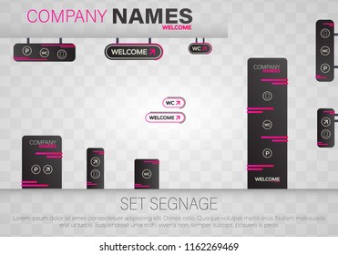 Set signage.Direction,pole, wall mount and traffic signage system design template set.Exterior and interior signage concep. Office exterior monument sign, pylon sign, signage,advertising construction.