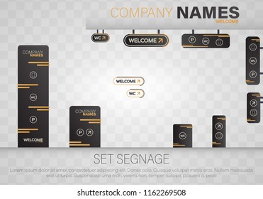 Set signage.Direction,pole, wall mount and traffic signage system design template set.Exterior and interior signage concep. Office exterior monument sign, pylon sign, signage,advertising construction.