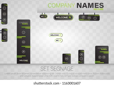 Set signage.Direction,pole, wall mount and traffic signage system design template set.Exterior and interior signage concep. Office exterior monument sign, pylon sign, signage,advertising construction.