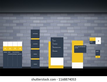 Set signage.Direction,pole, wall mount and traffic signage system design template set.Exterior and interior signage concep. Office exterior monument sign, pylon sign, signage,advertising construction.