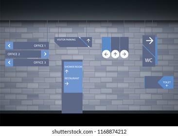 Set signage.Direction,pole, wall mount and traffic signage system design template set.Exterior and interior signage concep. Office exterior monument sign, pylon sign, signage,advertising construction.