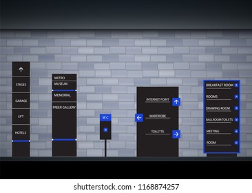 Set Signage.Direction,pole, Wall Mount And Traffic Signage System Design Template Set.Exterior And Interior Signage Concep. Office Exterior Monument Sign, Pylon Sign, Signage,advertising Construction.