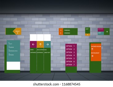 Set signage.Direction,pole, wall mount and traffic signage system design template set.Exterior and interior signage concep. Office exterior monument sign, pylon sign, signage,advertising construction.