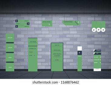 Set signage.Direction,pole, wall mount and traffic signage system design template set.Exterior and interior signage concep. Office exterior monument sign, pylon sign, signage,advertising construction.