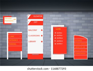 Set signage.Direction,pole, wall mount and traffic signage system design template set.Exterior and interior signage concep. Office exterior monument sign, pylon sign, signage,advertising construction.