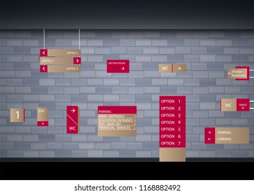 Set signage.Direction,pole, wall mount and traffic signage system design template set.Exterior and interior signage concep. Office exterior monument sign, pylon sign, signage,advertising construction.
