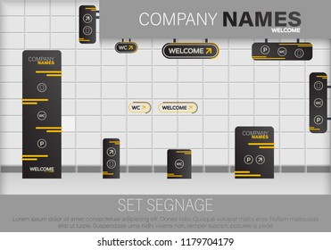 Set signage.Direction,pole, wall mount and traffic signage system design template set.Exterior and interior signage concep. Office exterior monument sign, pylon sign, signage,advertising construction.