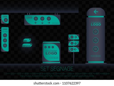 Set signage.Office exterior monument sign, pylon sign, signage, advertising construction.Direction,pole, wall mount and traffic signage system design template set.Exterior and interior signage concep.