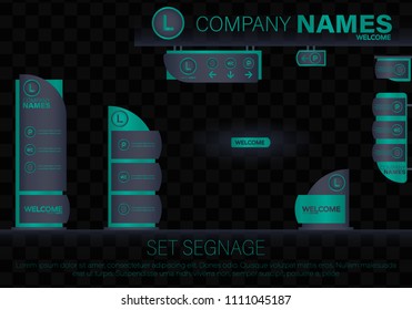 Set signage.Office exterior monument sign, pylon sign, signage, advertising construction.Direction,pole, wall mount and traffic signage system design template set.Exterior and interior signage concep.