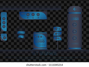 Set signage.Office exterior monument sign, pylon sign, signage, advertising construction.Direction,pole, wall mount and traffic signage system design template set.Exterior and interior signage concep.