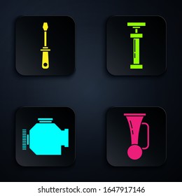Set Signal horn on vehicle, Screwdriver, Check engine and Car air pump. Black square button. Vector