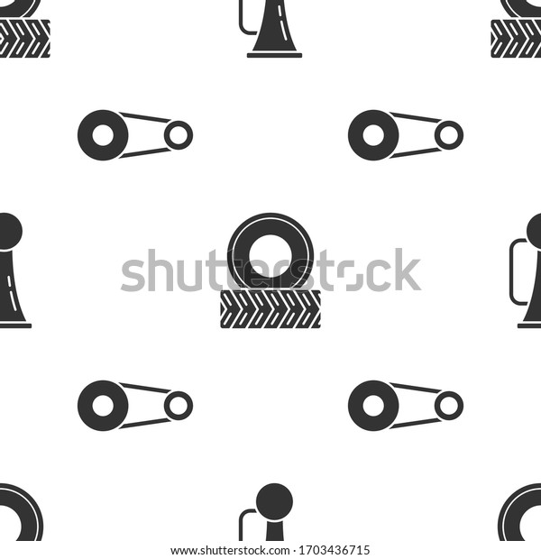 Set Signal horn on vehicle, Car wheel and\
Timing belt kit on seamless pattern.\
Vector