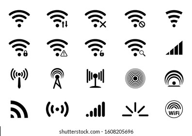 Set of Signal icons. Network signal or Internet Icon. Wireless technology icons. WIFI icons. Wifi signal strength. Radio signals waves and light rays, radar, wifi, antenna and satellite signal symbols