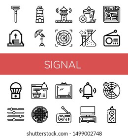 Set of signal icons such as Razor blade, Grave, Lighthouse, Reflector, Radar, Candle, Forbidden, News, Radio, Airdrop, Levels, Notification, Coffee beans, Tv, Bell, Remote , signal