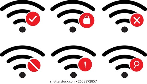 Satz von Signalstärke WiFi-Vektorsymbol gesetzt. wifi internet no access error, Drahtloses Netzwerk mit Symbol für Verbot, Abbildung,