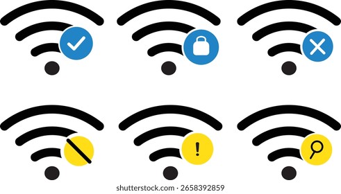 Set of Signal strength wifi vector icon set. wifi internet no access error, Wireless network with prohibition symbol illustration,