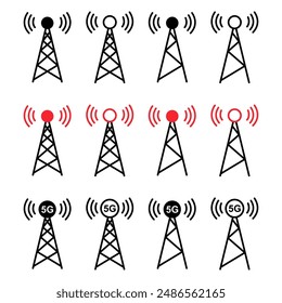 Set of Signal tower icon, wireless technology network sign, antenna radio vector illustration .