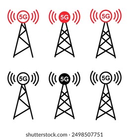 Conjunto de icono de torre de señal, señal de red de tecnología inalámbrica, Ilustración vectorial de radio de antena .