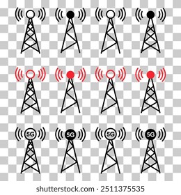 Conjunto de ícone de torre de sinal, sinal de rede de tecnologia sem fio, ilustração de vetor de rádio de antena.