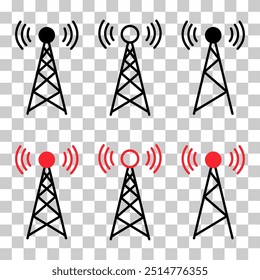 Conjunto de ícone de torre de sinal, sinal de rede de tecnologia sem fio, ilustração de vetor de rádio de antena.