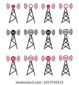 Conjunto de ícone de torre de sinal, sinal de rede de tecnologia sem fio, ilustração de vetor de rádio de antena.