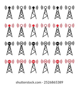 Conjunto de ícone de torre de sinal, sinal de rede de tecnologia sem fio, ilustração de vetor de rádio de antena.