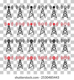 Conjunto de ícone de torre de sinal, sinal de rede de tecnologia sem fio, ilustração de vetor de rádio de antena.