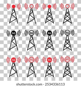 Conjunto de ícone de torre de sinal, sinal de rede de tecnologia sem fio, ilustração de vetor de rádio de antena.