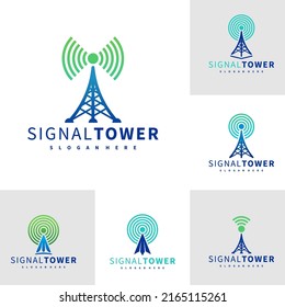 Set of Signal Tower logo design vector template, Signal Tower logo concepts illustration.