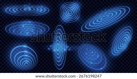 Set of signal waves with neon light. Blue colored glowing radar symbol in various shapes. Vector illustration.