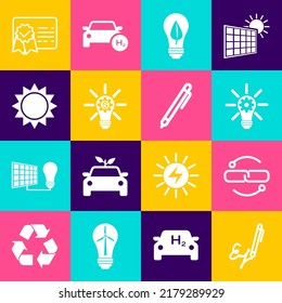 Set Signature, Chain link line, Light bulb with gear, leaf, Sun, Certificate template and Pen icon. Vector