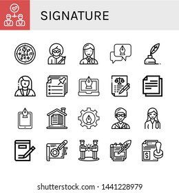 Set of signature icons such as Agreement, Musical notes, Writer, Lawyer, Fountain pen, Write, Notes, Note, Contract, Writing , signature