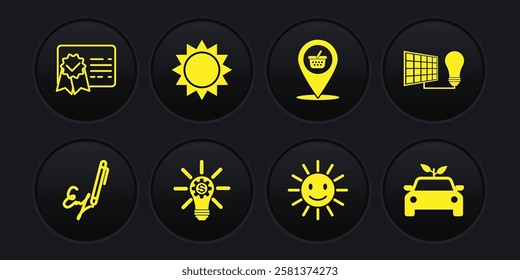 Set Signature, Solar energy panel and light bulb, Light with gear, Cute sun smile, Location shopping basket, Sun, Eco car concept drive and Certificate template icon. Vector