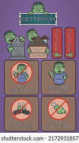 Set Of Signboard With Cute Cartoon Mascot Frankenstein. Nine Items.  Vector And Illustration