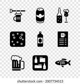Set Signboard with glass of beer, Beer can, bottle and, Wooden mug, menu, Dried fish, bubbles and Plastic icon. Vector