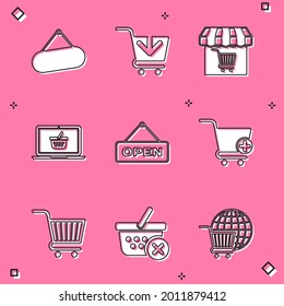 Set Signboard hanging, Add to Shopping cart, Market store with shopping, basket on laptop, Hanging sign Open door,  and Remove icon. Vector