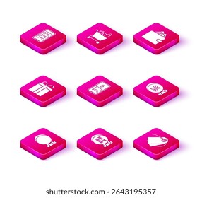 Set Signboard hanging, Gift box, Mobile phone and shopping cart, Blank label template price tag, discount percent, Wallet stacks paper money cash and Shopping food icon. Vector